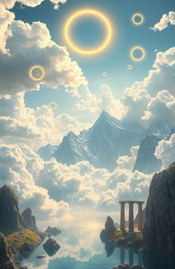 A heavenly scene depicting the land of gods, featuring soft, fluffy clouds and shimmering golden rings that radiate illumination