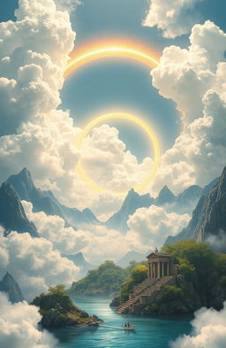 A heavenly scene depicting the land of gods, featuring soft, fluffy clouds and shimmering golden rings that radiate illumination