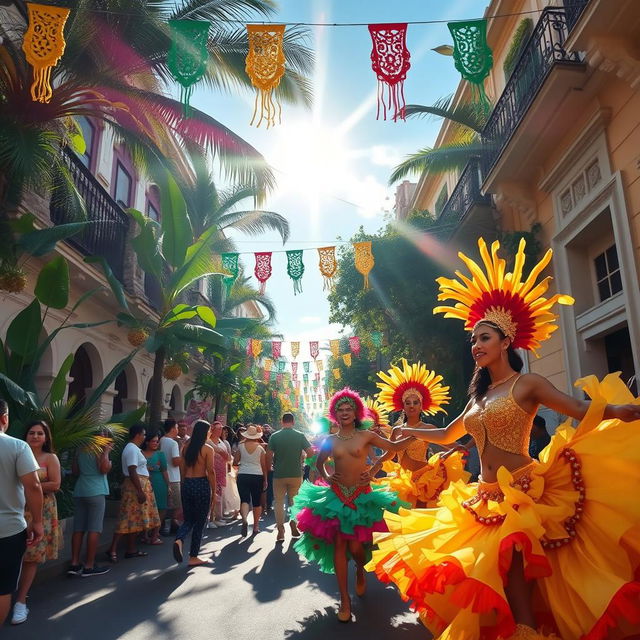 A lively street scene in Brazil, showcasing a vibrant carnival atmosphere with colorful decorations and people dressed in elaborate traditional costumes