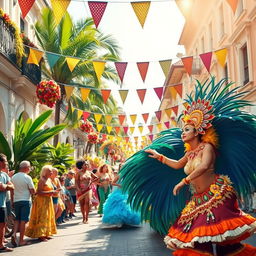 A lively street scene in Brazil, showcasing a vibrant carnival atmosphere with colorful decorations and people dressed in elaborate traditional costumes