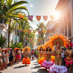 A lively street scene in Brazil, showcasing a vibrant carnival atmosphere with colorful decorations and people dressed in elaborate traditional costumes