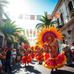 A lively street scene in Brazil, showcasing a vibrant carnival atmosphere with colorful decorations and people dressed in elaborate traditional costumes