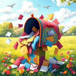 A whimsical scene depicting a colorful postbox overflowing with letters, bright envelopes spilling out in all directions