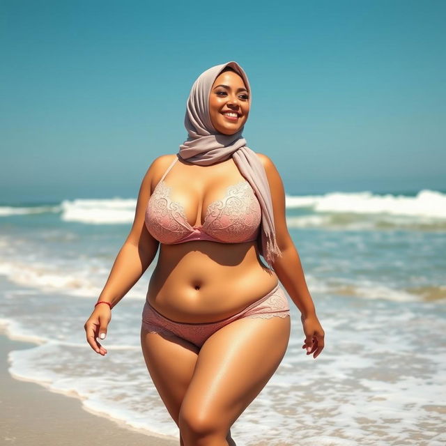 A plus-size woman with large breasts, wearing a hijab and sexy lingerie, walking on the beach while looking to her side