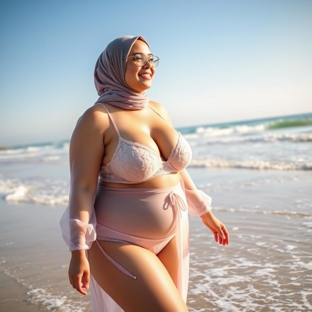 A plus-size woman with large breasts, wearing a hijab and sexy lingerie, walking on the beach while looking to her side