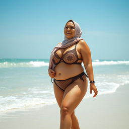 A plus-size woman with large breasts, wearing a hijab and sexy lingerie, walking on the beach while looking to her side