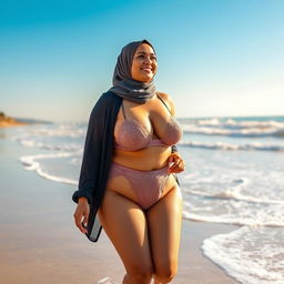 A plus-size woman with large breasts, wearing a hijab and sexy lingerie, walking on the beach while looking to her side