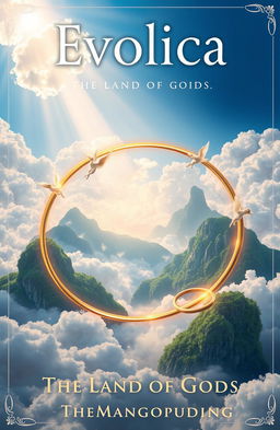 A magical book cover for 'Evolica: The Land of Gods' by TheMangoPudding, featuring ethereal clouds in a beautiful blue sky, floating mountains with lush greenery, and golden rings spiraling through the scene