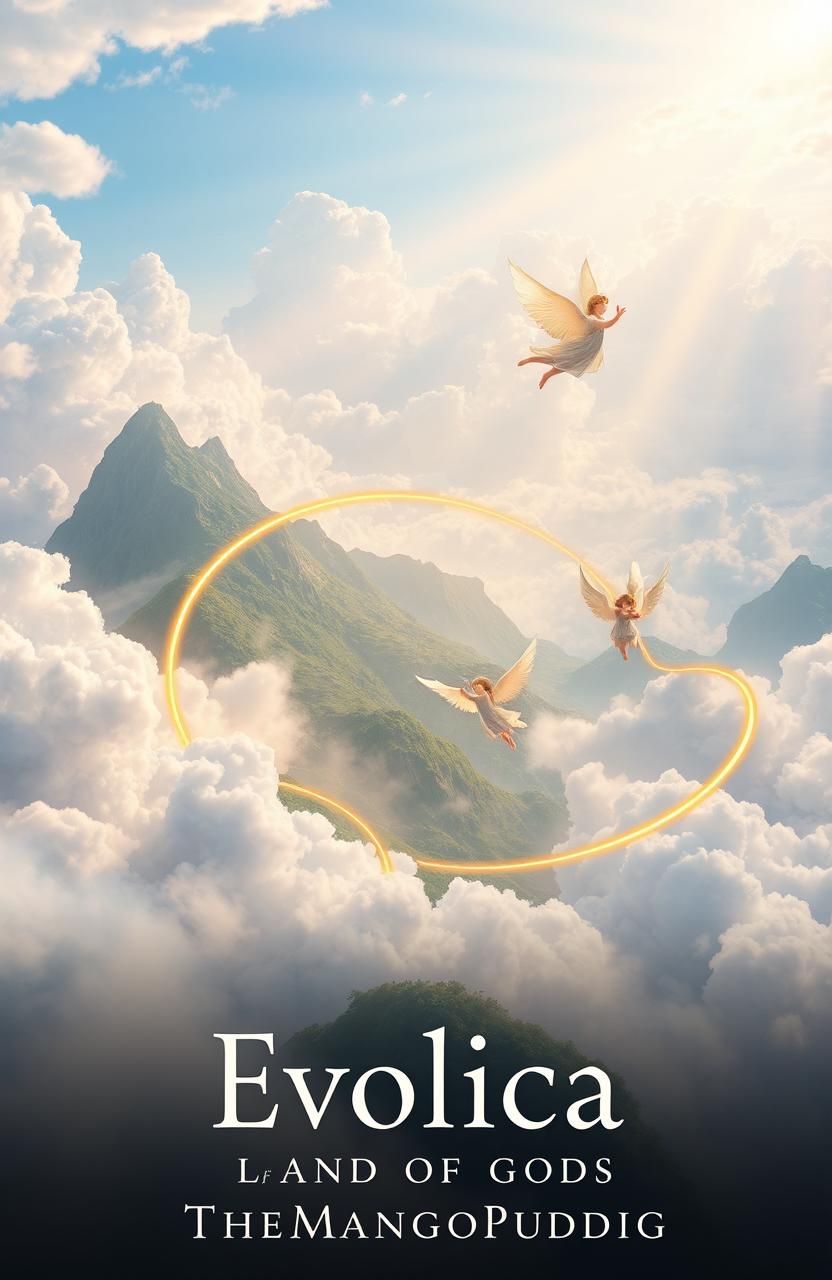 A magical book cover for 'Evolica: The Land of Gods' by TheMangoPudding, featuring ethereal clouds in a beautiful blue sky, floating mountains with lush greenery, and golden rings spiraling through the scene