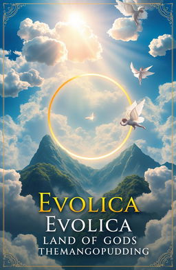A magical book cover for 'Evolica: The Land of Gods' by TheMangoPudding, featuring ethereal clouds in a beautiful blue sky, floating mountains with lush greenery, and golden rings spiraling through the scene