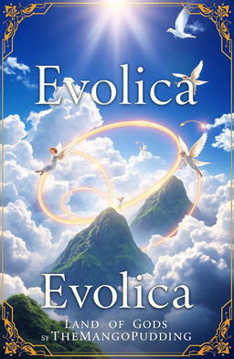 A magical book cover for 'Evolica: The Land of Gods' by TheMangoPudding, featuring ethereal clouds in a beautiful blue sky, floating mountains with lush greenery, and golden rings spiraling through the scene