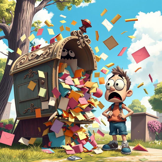 A humorous and chaotic scene depicting Deforme's letterbox bursting at the seams with an overwhelming amount of colorful letters spilling out