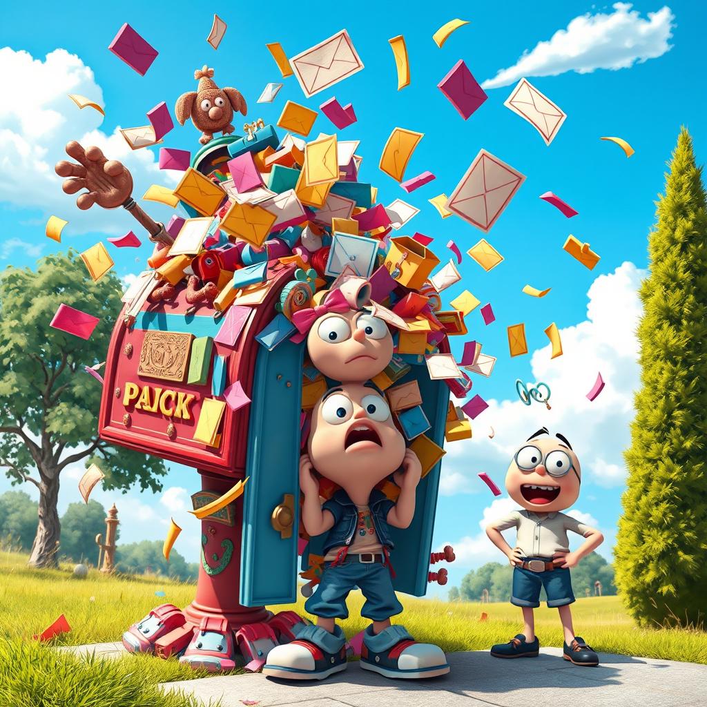 A humorous and chaotic scene depicting Deforme's letterbox bursting at the seams with an overwhelming amount of colorful letters spilling out