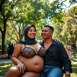 A voluptuous woman with large breasts, wearing a hijab and attractive lingerie, sitting on her husband's lap in a public park filled with lush greenery and blooming flowers