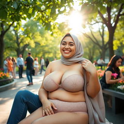A voluptuous woman with large breasts, wearing a hijab and attractive lingerie, sitting on her husband's lap in a public park filled with lush greenery and blooming flowers