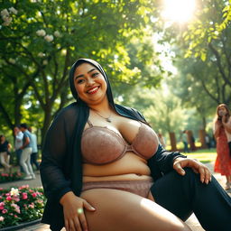A voluptuous woman with large breasts, wearing a hijab and attractive lingerie, sitting on her husband's lap in a public park filled with lush greenery and blooming flowers
