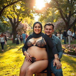 A voluptuous woman with large breasts, wearing a hijab and attractive lingerie, sitting on her husband's lap in a public park filled with lush greenery and blooming flowers