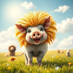 A whimsical scene featuring a pig cleverly disguised as a lion, standing in a bright, vibrant field