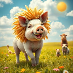A whimsical scene featuring a pig cleverly disguised as a lion, standing in a bright, vibrant field