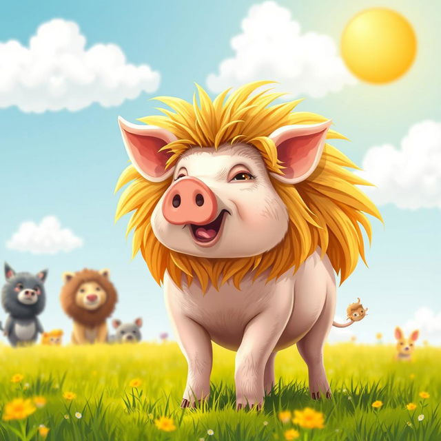 A whimsical scene featuring a pig cleverly disguised as a lion, standing in a bright, vibrant field