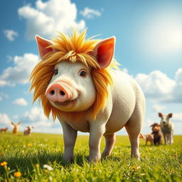 A whimsical scene featuring a pig cleverly disguised as a lion, standing in a bright, vibrant field