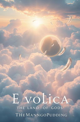 A book cover design for 'Evolica: The Land of Gods' by 'TheMangoPudding'
