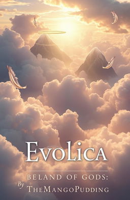 A book cover design for 'Evolica: The Land of Gods' by 'TheMangoPudding'
