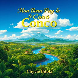 A book cover design for 'Mon Beau Pays le Congo' by Chyvie Bitoki, featuring a vibrant and colorful representation of the Congolese landscape