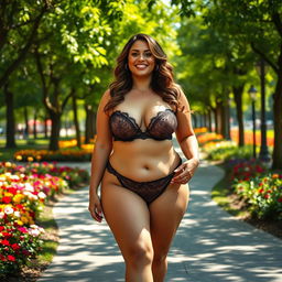 A voluptuous woman with large breasts, wearing enticing lingerie, walks confidently through a vibrant public park