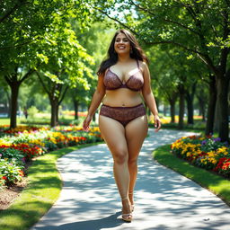 A voluptuous woman with large breasts, wearing enticing lingerie, walks confidently through a vibrant public park