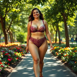 A voluptuous woman with large breasts, wearing enticing lingerie, walks confidently through a vibrant public park