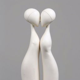 Minimalist sculptures symbolizing love, made with papier-mâché, featuring smooth faces and elongated, simple, and elegant erotic forms