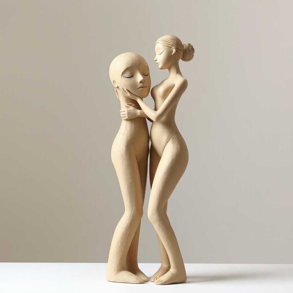 Minimalist sculptures symbolizing love, made with papier-mâché, featuring smooth faces and elongated, simple, and elegant erotic forms