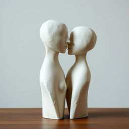 Minimalist sculptures symbolizing love, made with papier-mâché, featuring smooth faces and elongated, simple, and elegant erotic forms