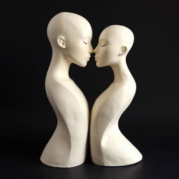 Minimalist sculptures symbolizing love, made with papier-mâché, featuring smooth faces and elongated, simple, and elegant erotic forms