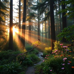 A tranquil forest setting at sunrise, featuring tall, majestic trees with golden sunlight streaming through the leaves