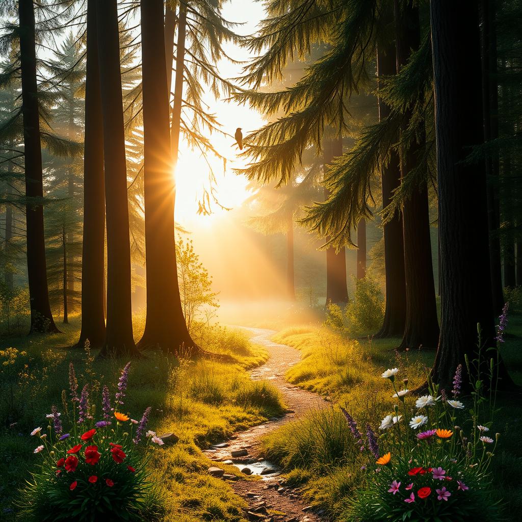 A tranquil forest setting at sunrise, featuring tall, majestic trees with golden sunlight streaming through the leaves