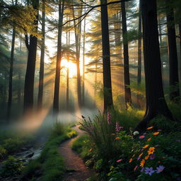A tranquil forest setting at sunrise, featuring tall, majestic trees with golden sunlight streaming through the leaves