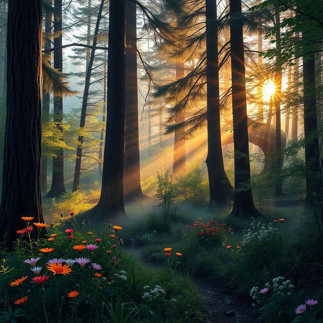 A tranquil forest setting at sunrise, featuring tall, majestic trees with golden sunlight streaming through the leaves