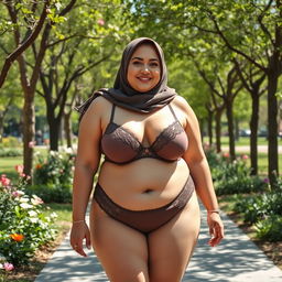 A plump woman wearing a hijab, showcasing her voluptuous figure with large breasts, dressed in alluring lingerie, confidently strolling through a public park filled with green trees and blooming flowers
