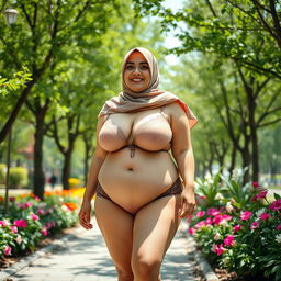 A plump woman wearing a hijab, showcasing her voluptuous figure with large breasts, dressed in alluring lingerie, confidently strolling through a public park filled with green trees and blooming flowers