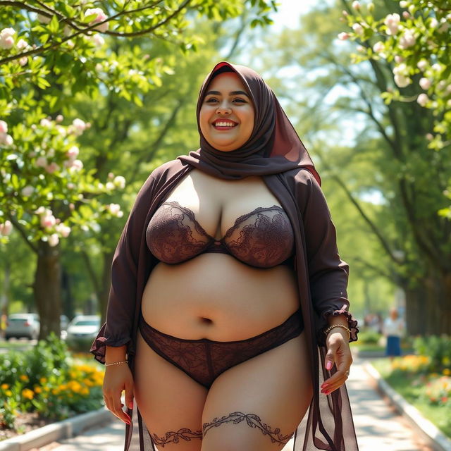 A plump woman wearing a hijab, showcasing her voluptuous figure with large breasts, dressed in alluring lingerie, confidently strolling through a public park filled with green trees and blooming flowers