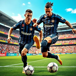 A dynamic football scene depicting Cristiano Ronaldo and Neymar Jr