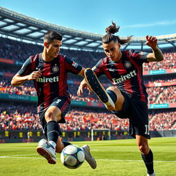 A dynamic football scene depicting Cristiano Ronaldo and Neymar Jr