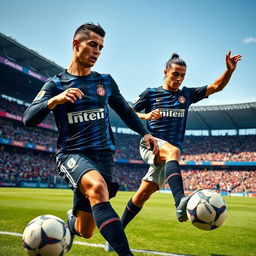 A dynamic football scene depicting Cristiano Ronaldo and Neymar Jr