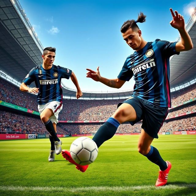 A dynamic football scene depicting Cristiano Ronaldo and Neymar Jr