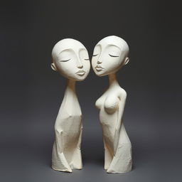 Abstract and symbolic minimalist sculptures representing love, crafted from papier-mâché with smooth faces and elongated, simple, and erotic forms