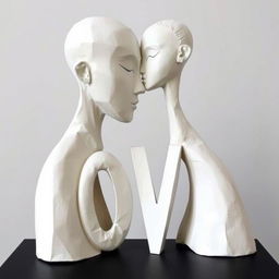 Abstract and symbolic minimalist sculptures representing love, crafted from papier-mâché with smooth faces and elongated, simple, and erotic forms