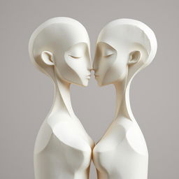 Abstract and symbolic minimalist sculptures representing love, crafted from papier-mâché with smooth faces and elongated, simple, and erotic forms