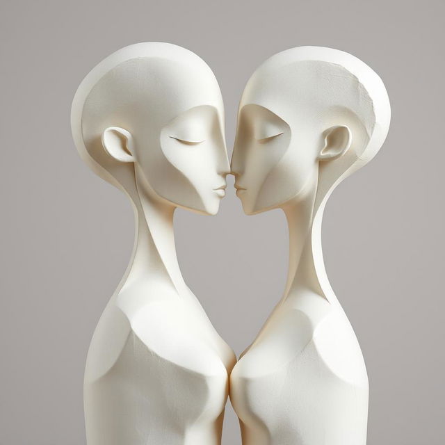 Abstract and symbolic minimalist sculptures representing love, crafted from papier-mâché with smooth faces and elongated, simple, and erotic forms